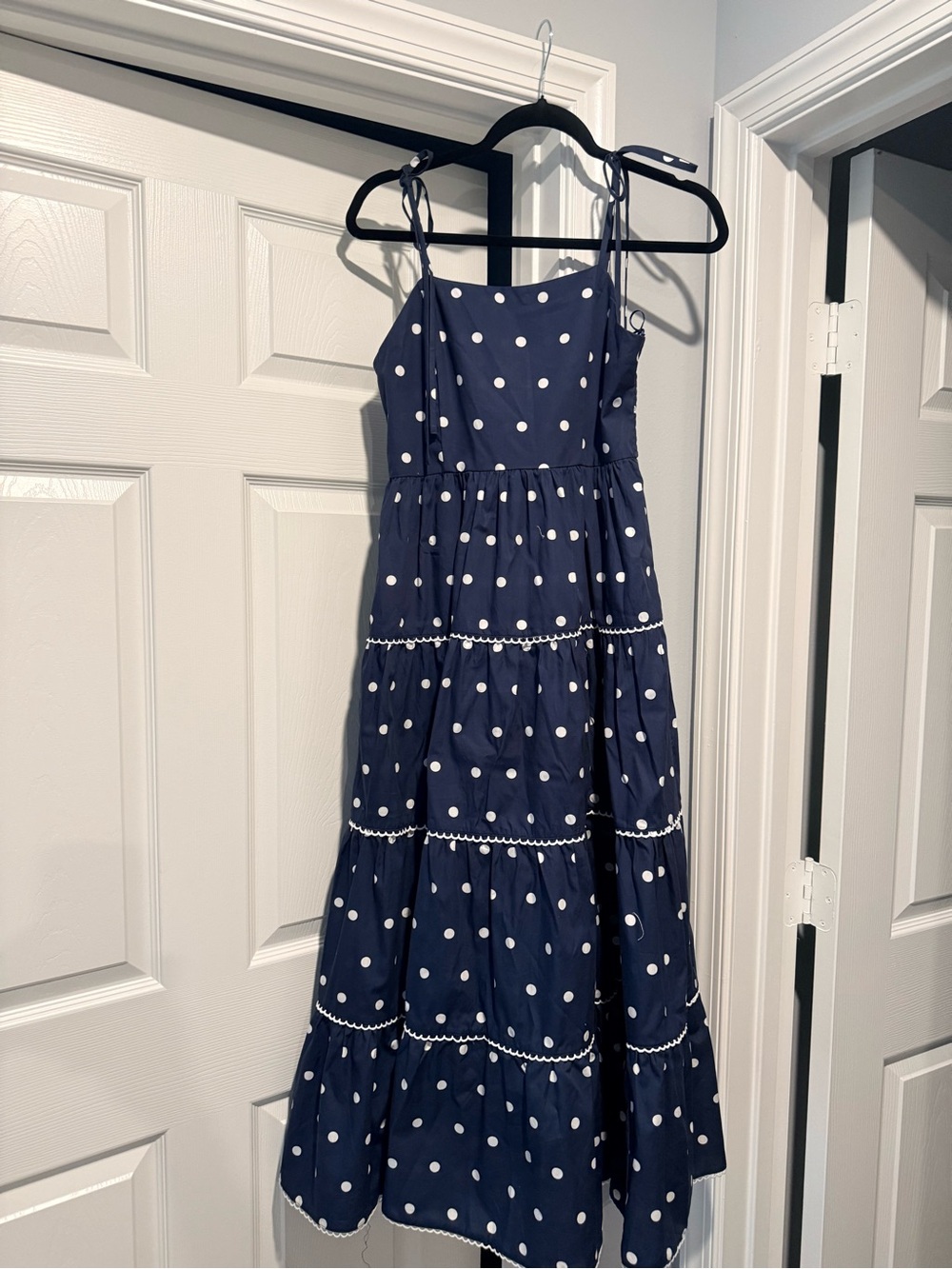 Peach love NWT small Navy Polka Dot Tiered maxi Dress navy white